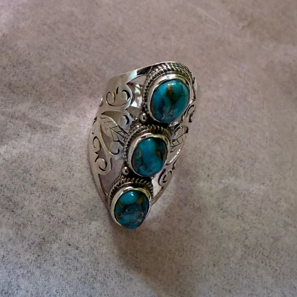 Sterling Silver Triple Turquoise Statement Ring - Blue Turquoise